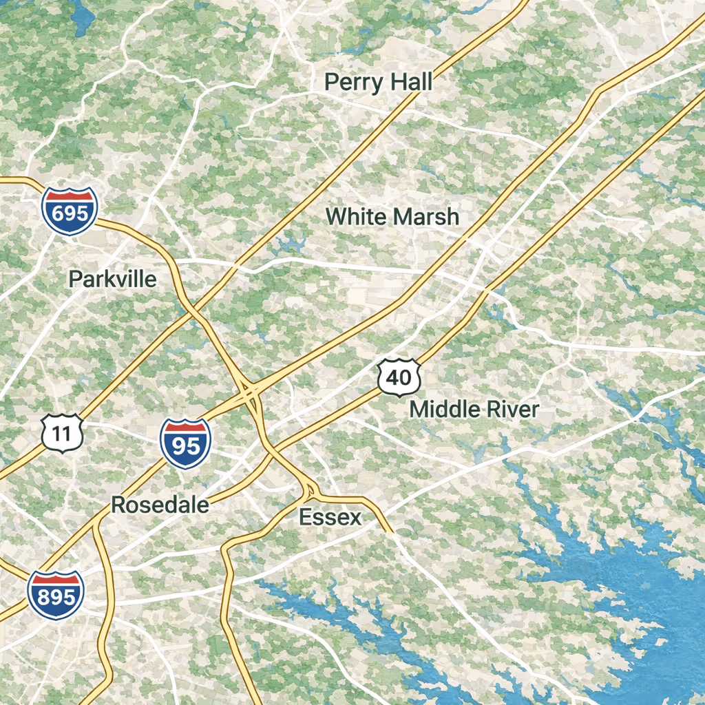Map showing highways I-695, I-95, and I-895 near locations Perry Hall, White Marsh, Parkville, Rosedale, Essex, and Middle River.